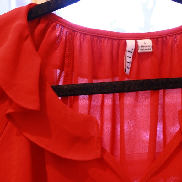 ELLE Red Ruffle-Neck Blouse - Picture 2 of 4